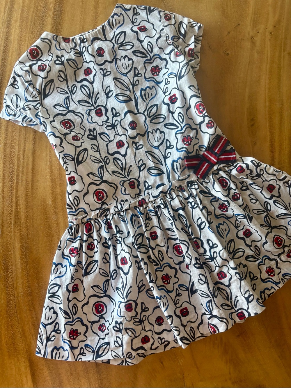 Petit Bateau 3T White Floral Dress with Navy and Red Accents